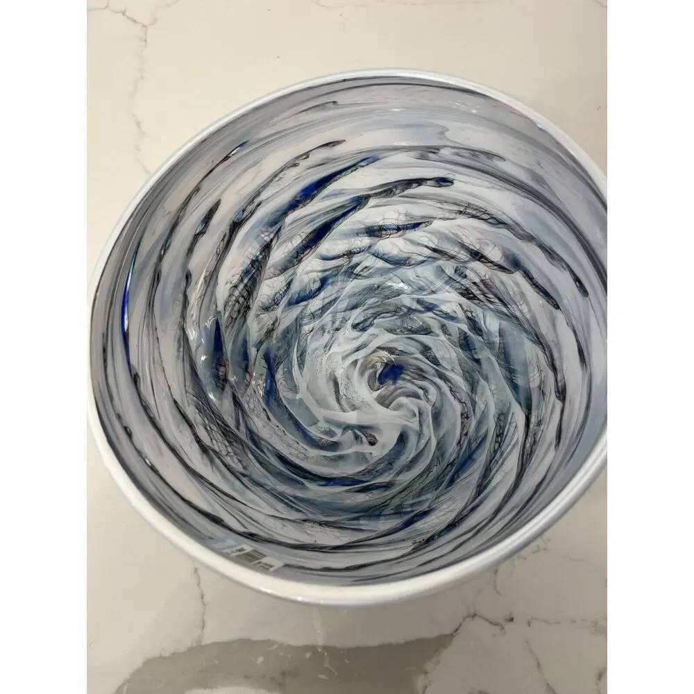 Murano Style Bowl Hand Blown Art Glass Cobalt Blue Swirl 8x6